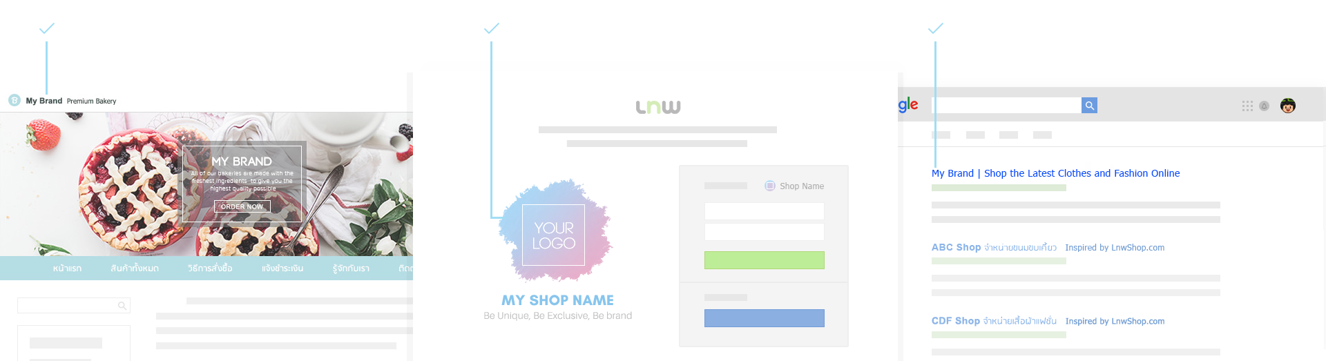 your logo & shop name on LnwBar เป็นตัวคุณได้มากกว่าที่เคย ไม่มีโลโก้ LnwShop อีกต่อไป, Your Logo & Shop name at Login Page ประตูสู่แบรนด์ เอกสิทธิ์เฉพาะคุณ มอบความรู้สึกเหมือนอยู่ที่ร้าน , No 'Inspired by LnwShop.com' in Title ดีใจจัง ค้นแบรนด์เจอเลย ให้ลูกค้าได้สัมผัสกับแรนด์ของคุณได้เต็มที่